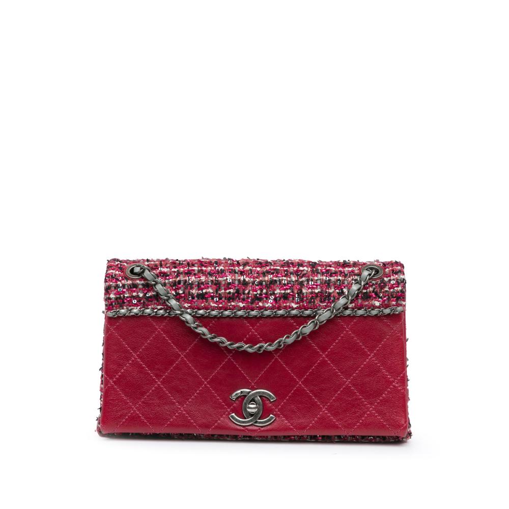 Chanel B Chanel Red Lambskin Leather Leather CC Lambskin and Tweed Flap Italy