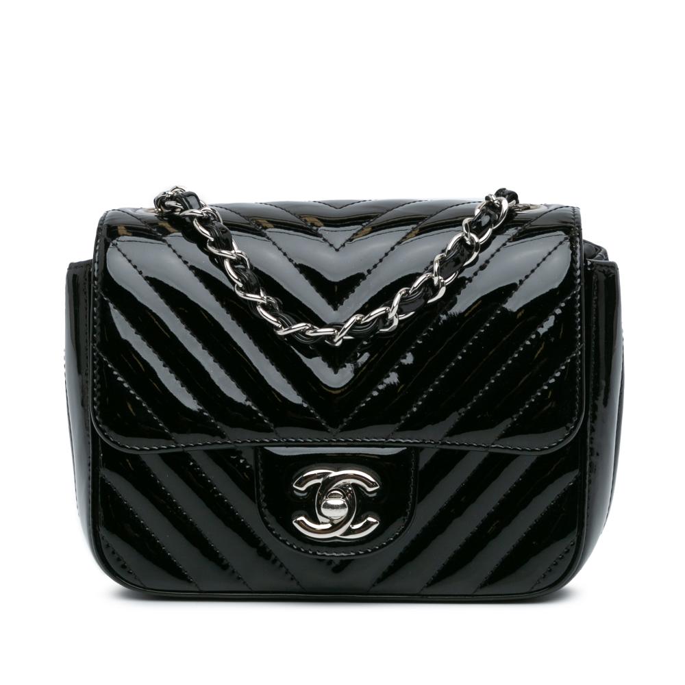 Chanel B Chanel Black Patent Leather Leather Mini Square Classic Chevron Patent Flap Italy