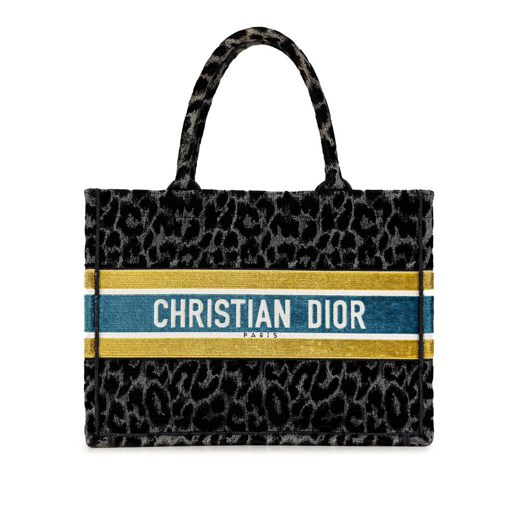 Christian Dior B Dior Black Canvas Fabric Mizza Medium Embroidered Leopard Book Tote Italy