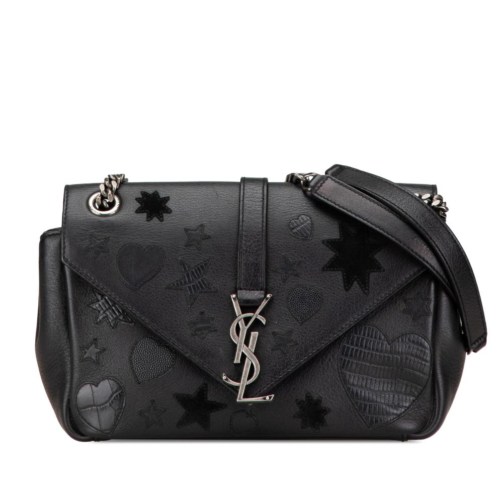 Saint Laurent B Saint Laurent Black Calf Leather Medium Monogram Heart Patchwork Chain Wallet Italy