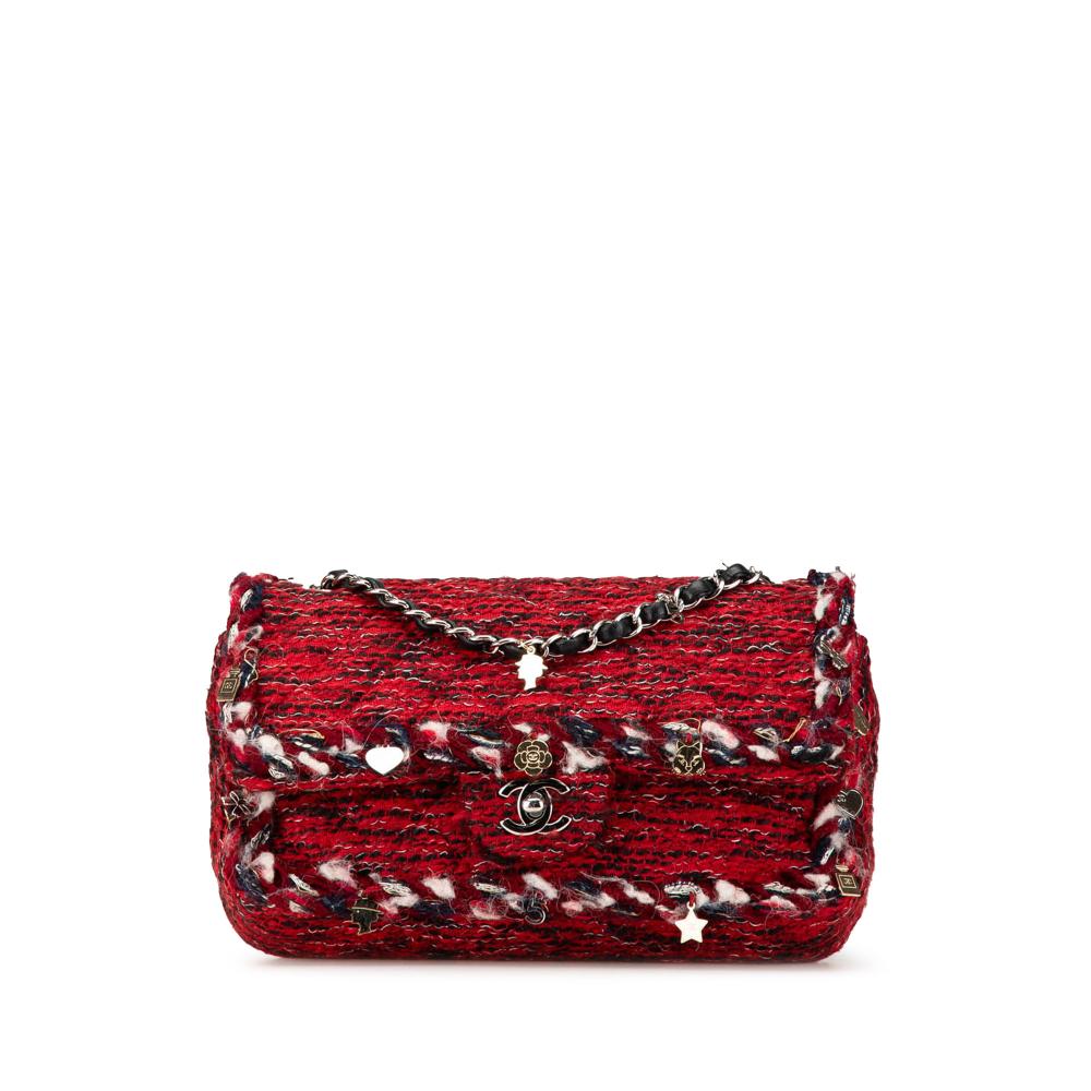 Chanel B Chanel Red Tweed Fabric Medium Braided Charms Double Flap France