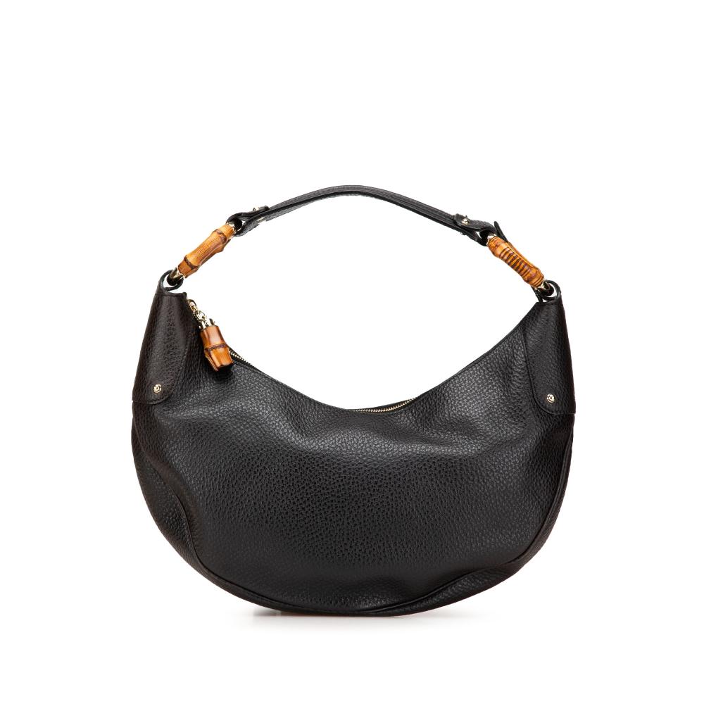 Gucci B Gucci Black Calf Leather Pebbled skin Bamboo Ring Hobo Italy