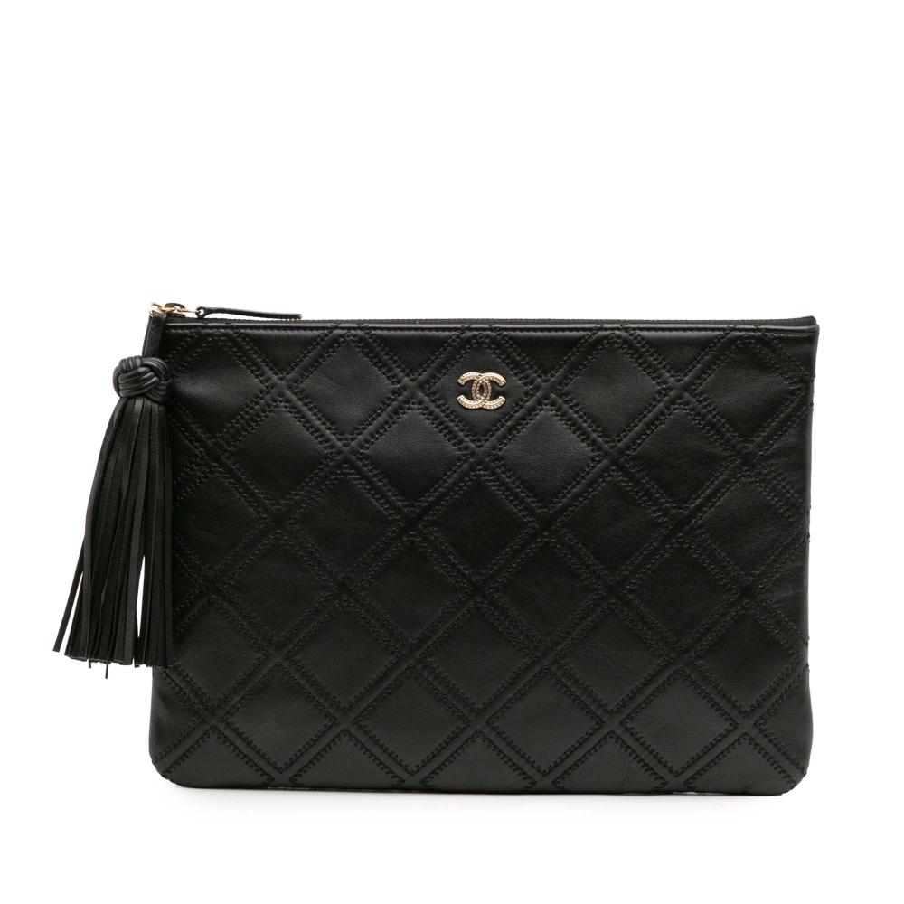 Chanel Black Medium Quilted Lambskin Double Stitch Tassel O Case Clutch Italy