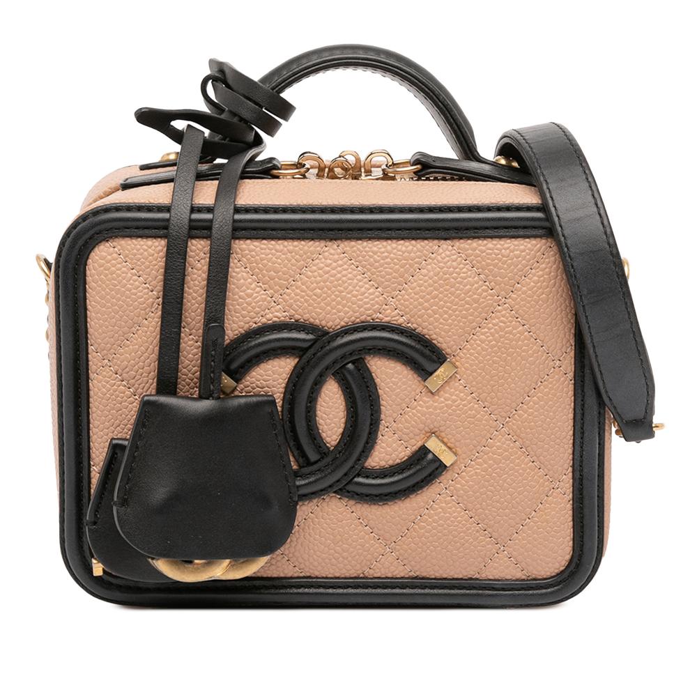 Chanel AB Chanel Brown Nude with Black Caviar Leather Leather Small Caviar CC Filigree Vanity Case Italy