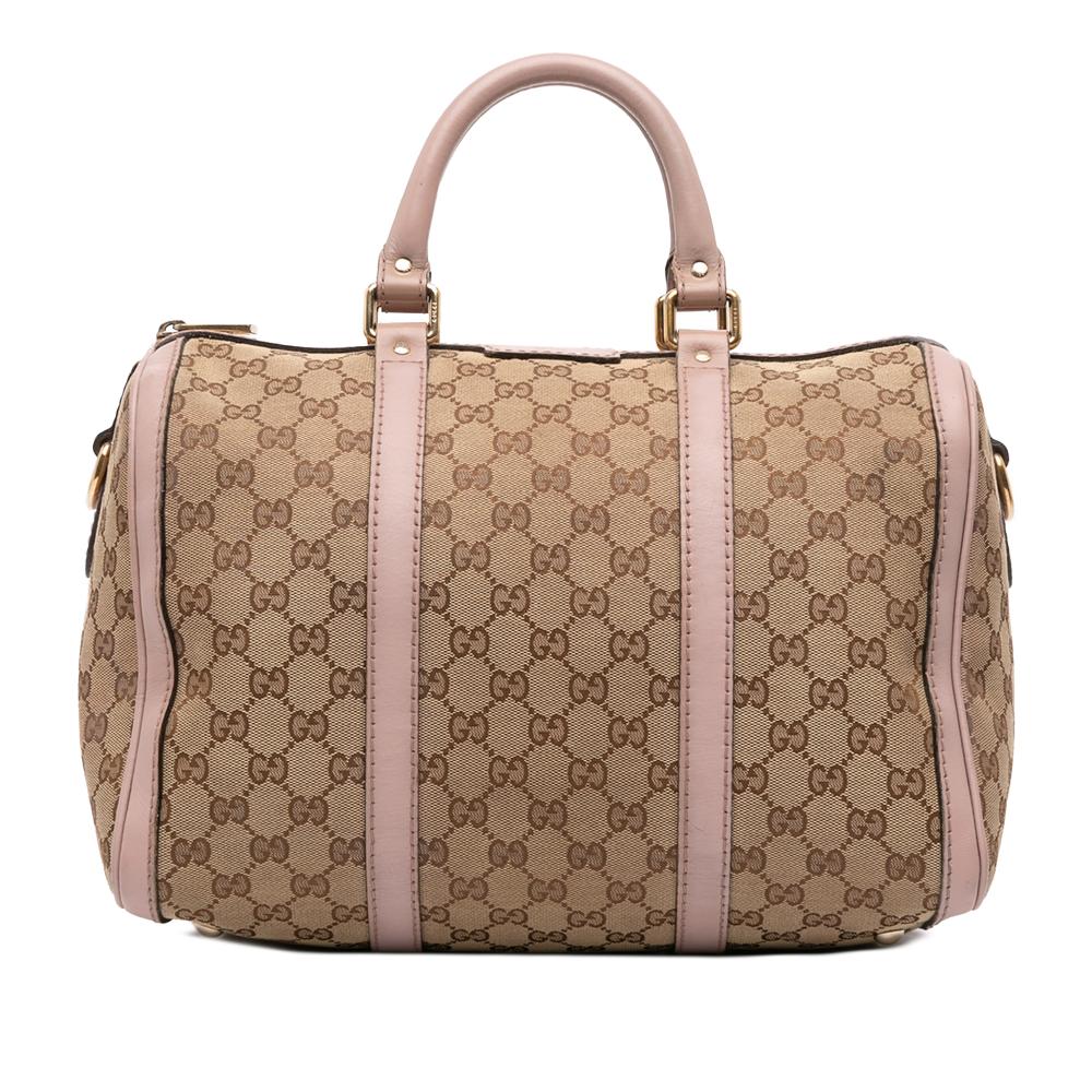 Gucci B Gucci Brown Beige with Pink Light Pink Canvas Fabric Medium GG Joy Boston Bag Italy