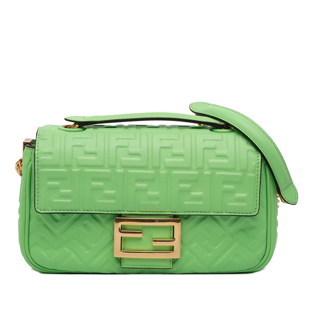 Fendi AB Fendi Green Light Green Nappa Leather Leather Small FF Nappa Embossed Chain Midi Baguette Italy