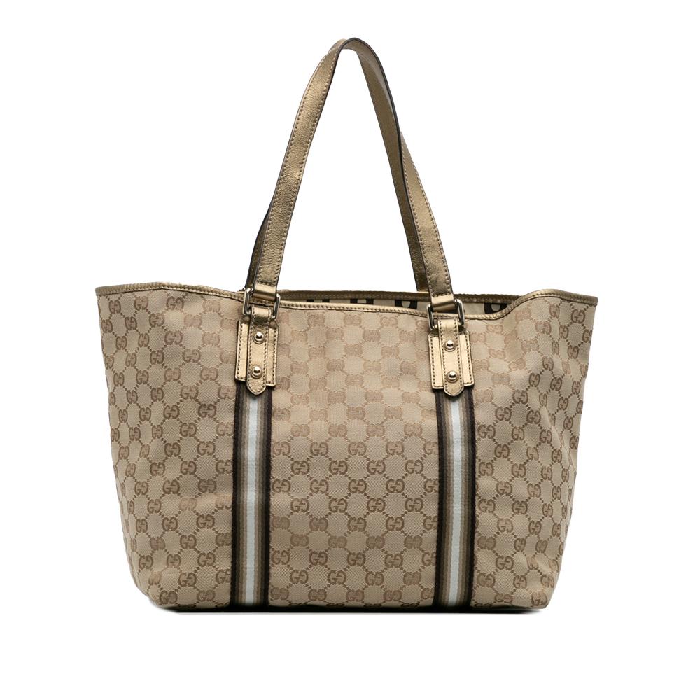 Gucci B Gucci Brown Beige with Gold Canvas Fabric Large GG Jolicoeur Tote Italy