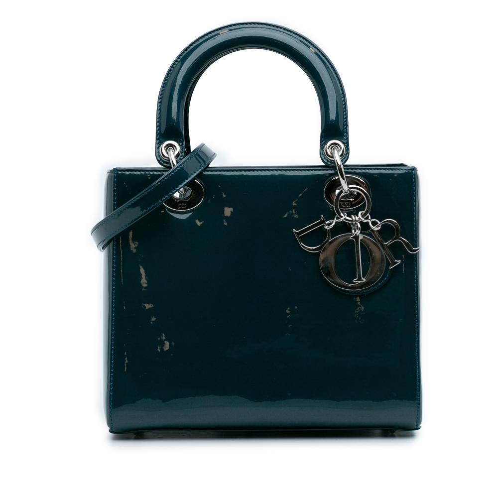 Christian Dior B Dior Blue Peacock Patent Leather Leather Medium Patent Lady Dior Italy