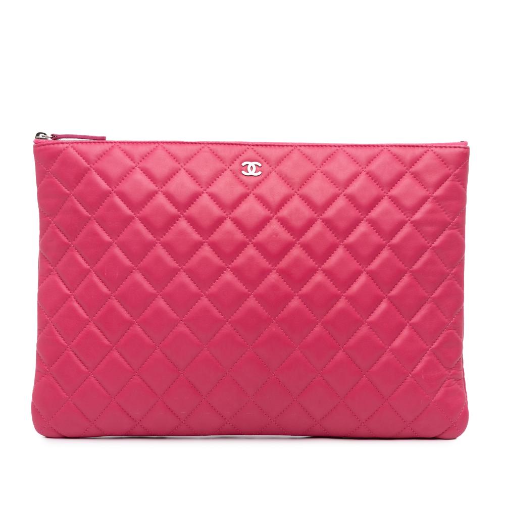 Chanel B Chanel Pink Hot Pink Lambskin Leather Leather Large Quilted Lambskin O Case Clutch Italy