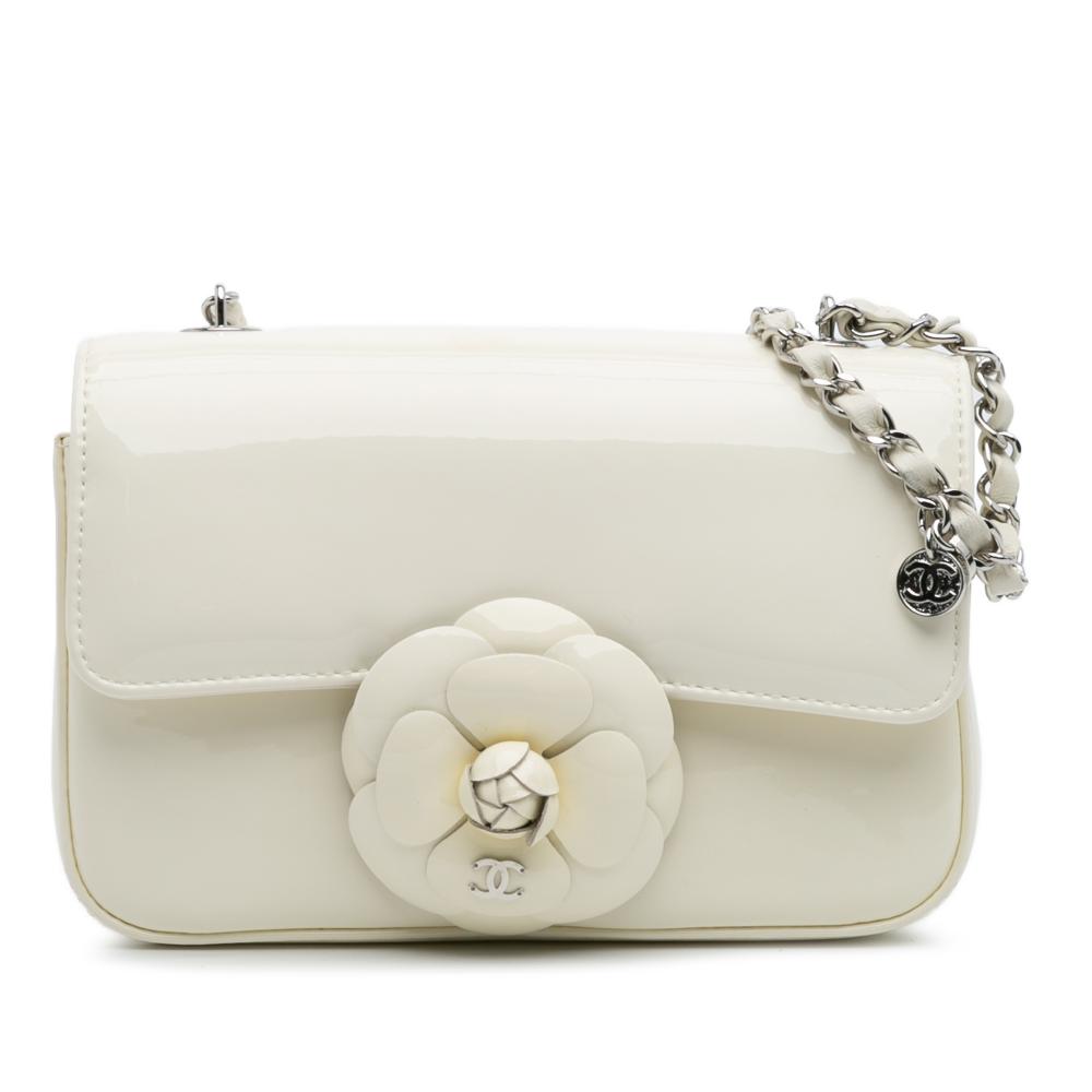 Chanel AB Chanel White Ivory Patent Leather Leather Small Patent Camellia Single Flap France