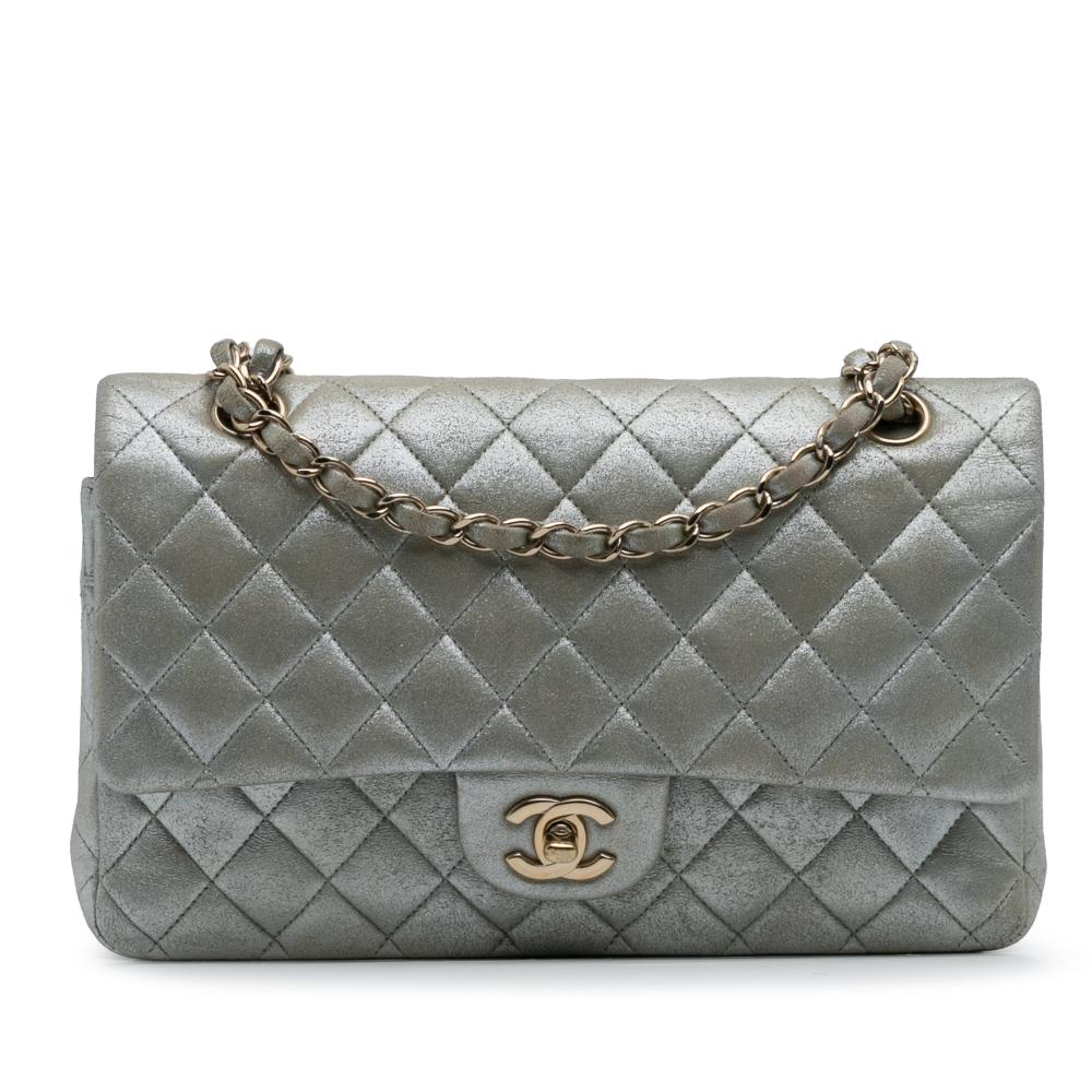 Chanel B Chanel Silver Calf Leather Medium Classic Iridescent skin Double Flap France
