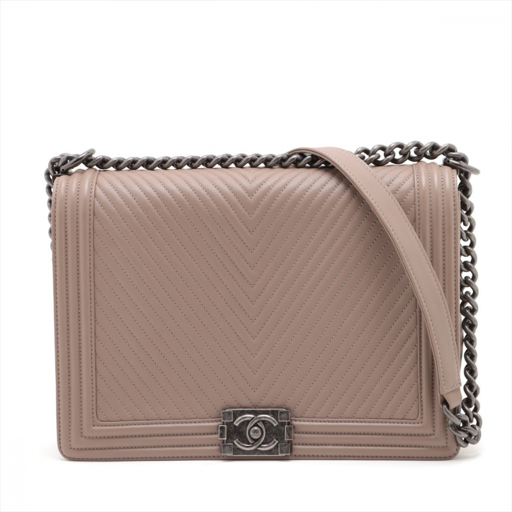 Chanel Boy Large 30 Chevron Calfskin Leather 2-Ways Flap Bag Beige