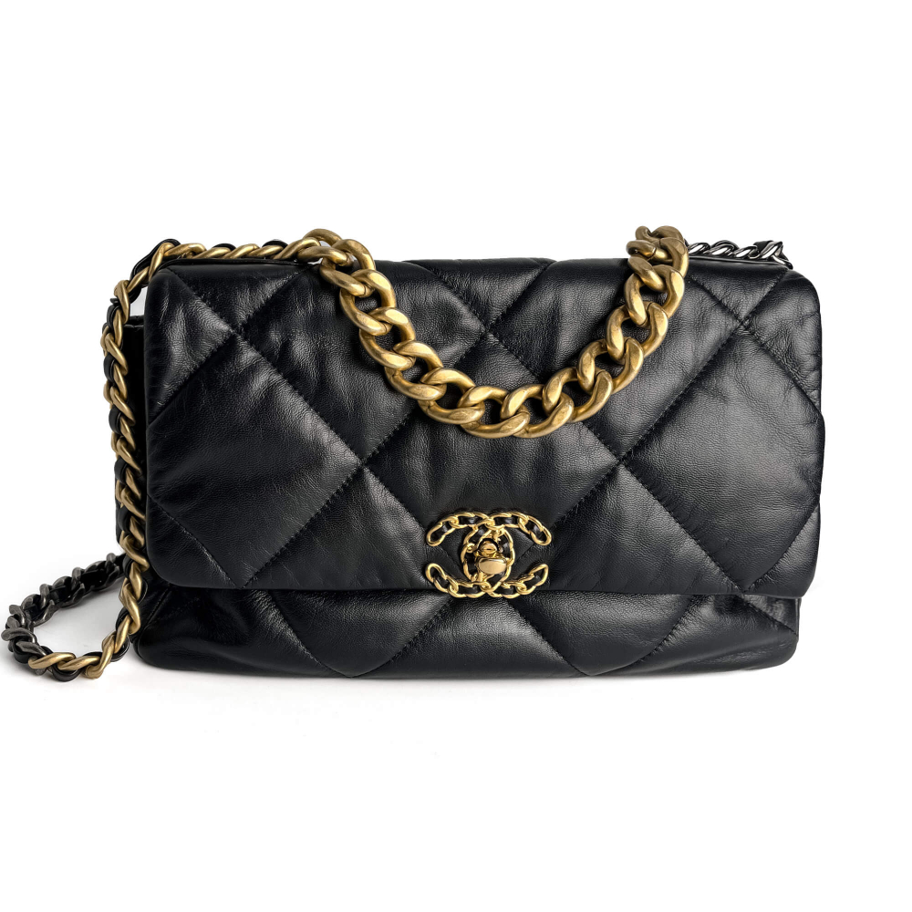 Chanel 19 Large Matelassè Lambskin Leather 2-Ways Flap Handbag Black