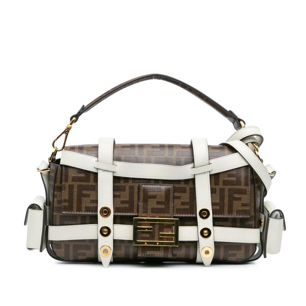 Fendi B Fendi Brown with White Coated Canvas Fabric Zucca Glazed Cage Baguette Satchel Italy