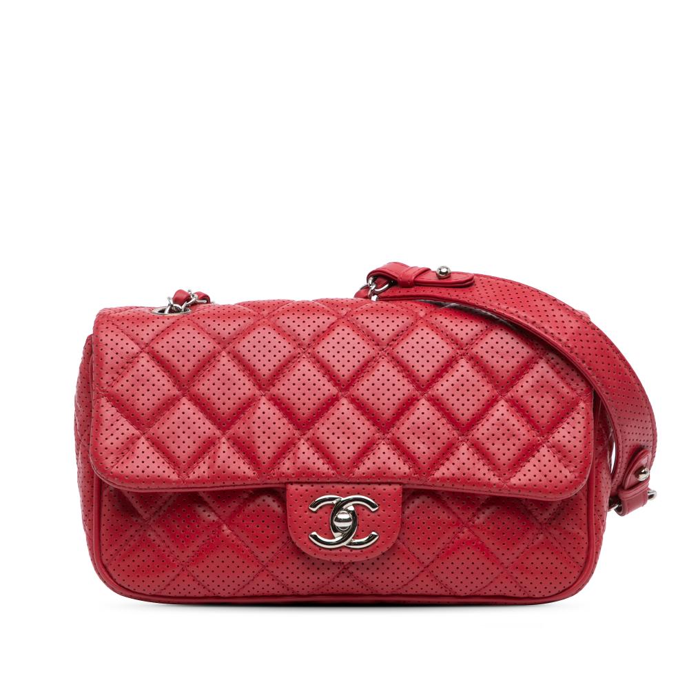 Chanel B Chanel Red Lambskin Leather Leather Medium Perforated Lambskin Punch Flap France