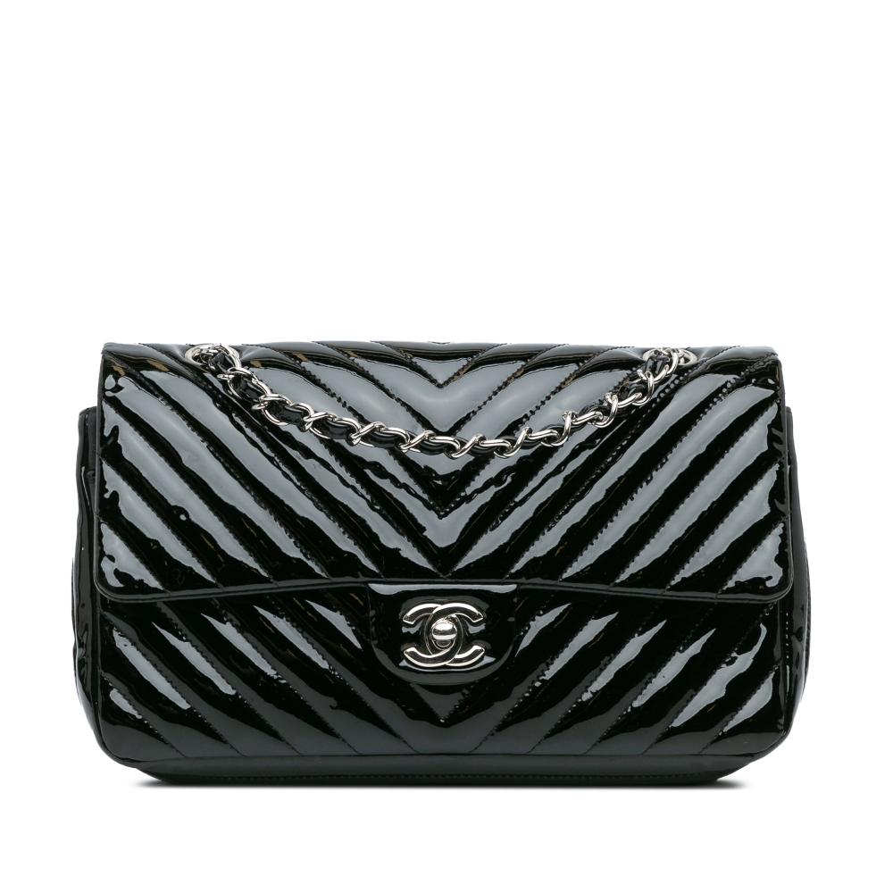 Chanel B Chanel Black Patent Leather Leather Medium Classic Chevron Patent Double Flap France