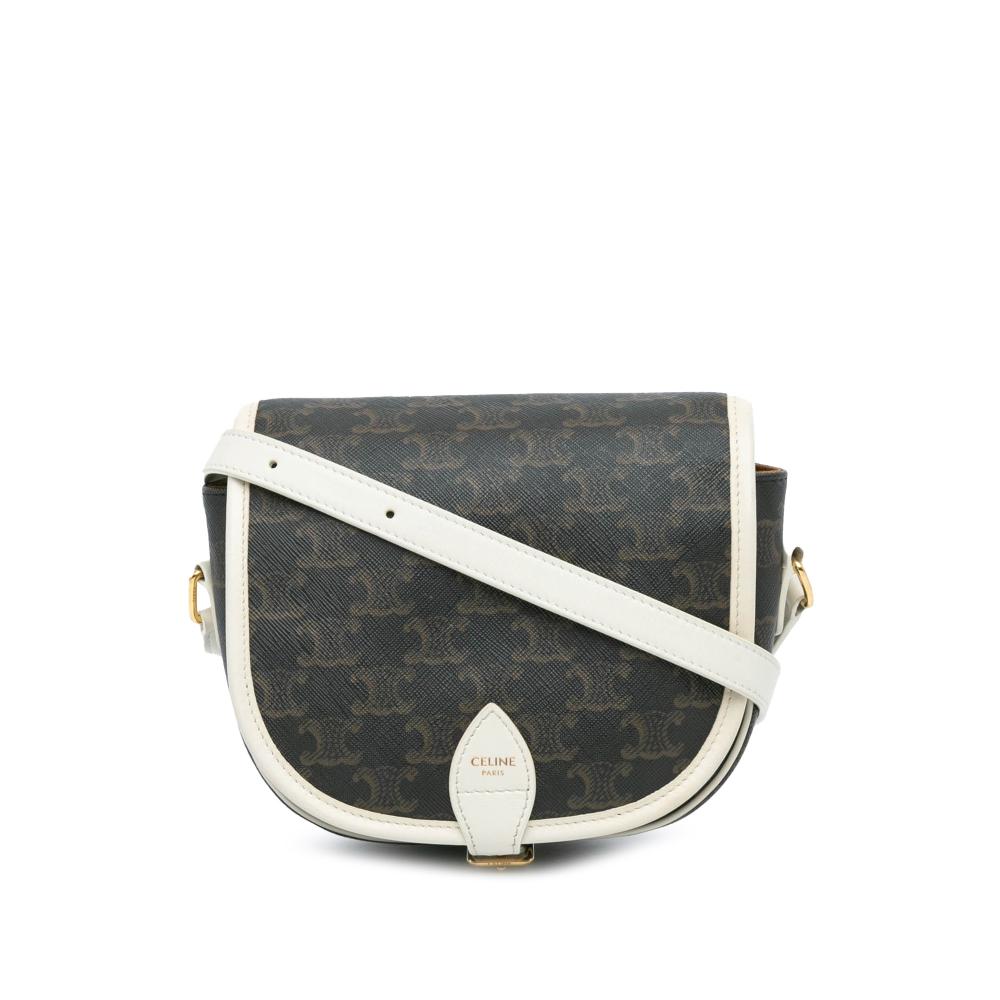 Celine B Celine Brown Dark Brown with White Coated Canvas Fabric Medium Triomphe Folco Crossbody Italy