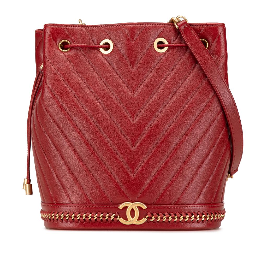Chanel B Chanel Red Lambskin Leather Leather Paris Cosmopolite Medium Chevron Lambskin Bucket Bag Italy