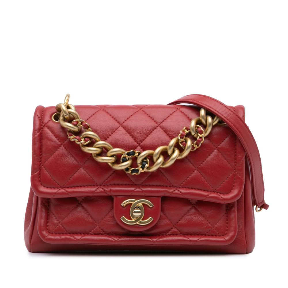 Chanel B Chanel Red Lambskin Leather Leather Small Quilted Lambskin Chain Link Flap Italy