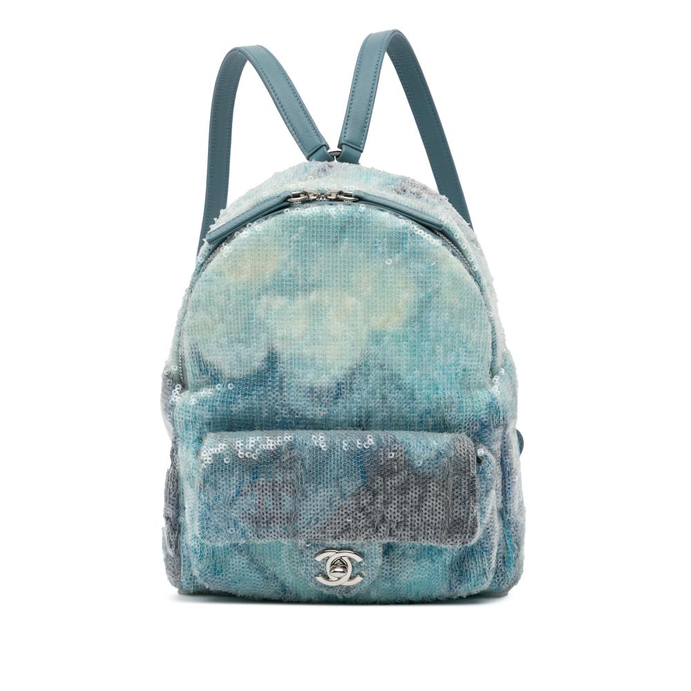 Chanel AB Chanel Blue Light Blue Mesh Fabric Mini Sequins and Lambskin Waterfall Backpack Italy