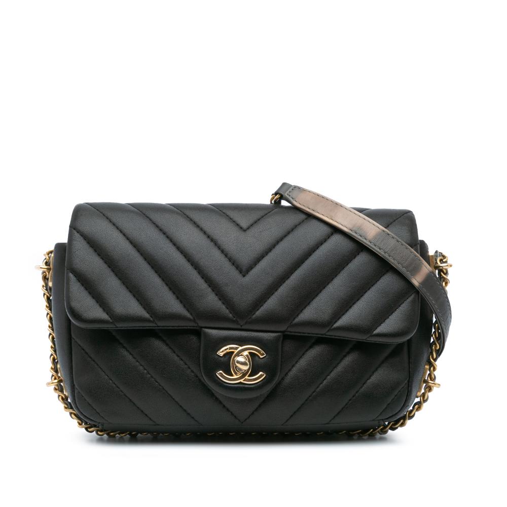 Chanel B Chanel Black Lambskin Leather Leather Mini Rectangular Chevron Lambskin Chain Around Flap Italy