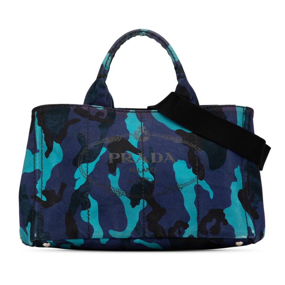 Prada B Prada Blue Dark Blue Canvas Fabric Camouflage Canapa Logo Satchel Italy