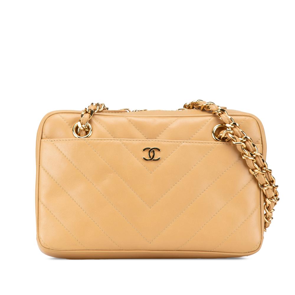 Chanel B Chanel Brown Beige Lambskin Leather Leather CC Chevron Quilted Lambskin Chain Shoulder Bag Italy