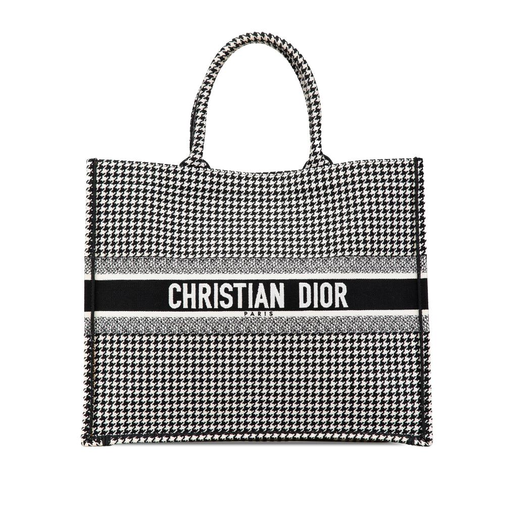 Christian Dior B Dior Black Canvas Fabric Large Houndstooth Embroidered Book Tote Italy