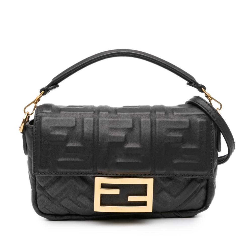 Fendi B Fendi Black Calf Leather Mini Zucca Embossed Baguette Satchel Italy