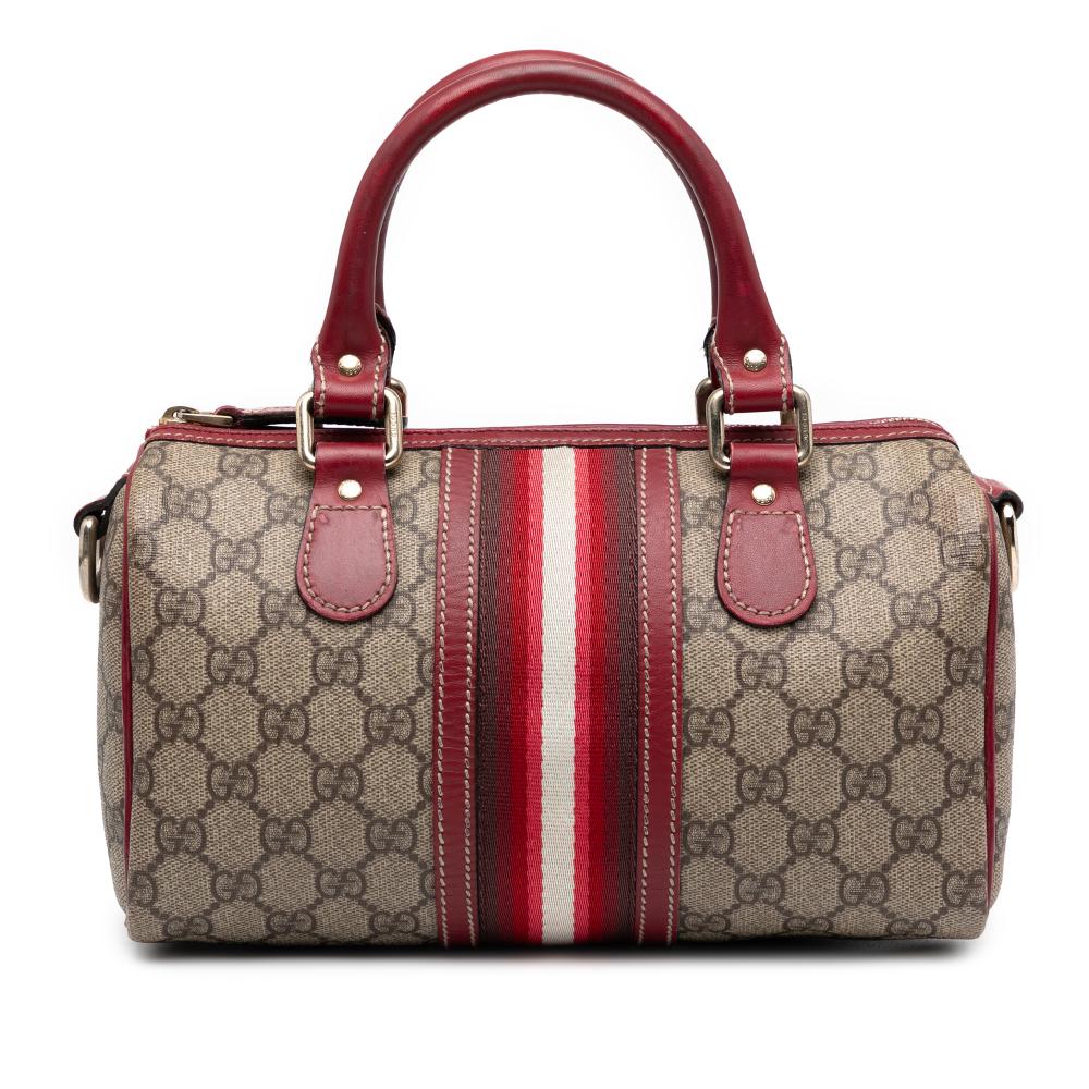 Gucci B Gucci Brown Beige with Red Coated Canvas Fabric Small GG Supreme Web Joy Boston Bag Italy