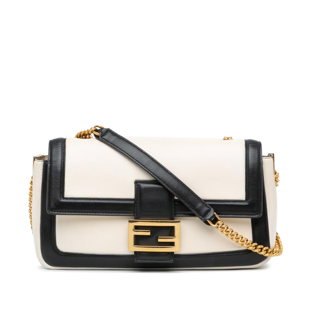 Fendi B Fendi White with Black Calf Leather Bicolor Chain Baguette Italy