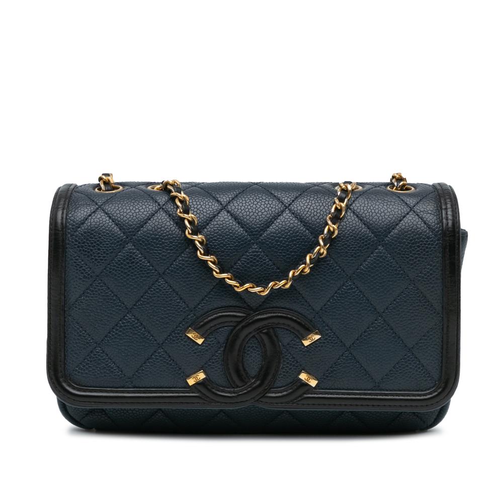Chanel B Chanel Blue Navy with Black Caviar Leather Leather Small Bicolor Caviar CC Filigree Flap Italy