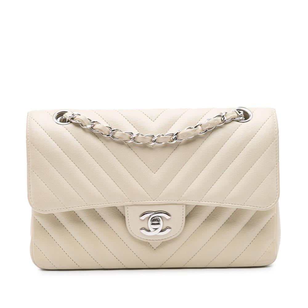 Chanel B Chanel White Off White Lambskin Leather Leather Small Classic Chevron Lambskin Double Flap France