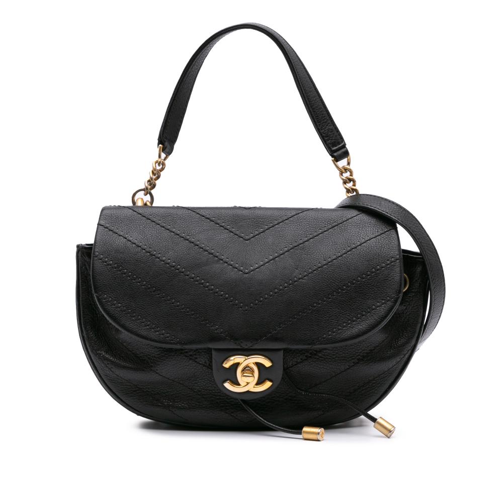 Chanel B Chanel Black Lambskin Leather Leather CC Chevron Lambskin Round Flap Satchel Italy