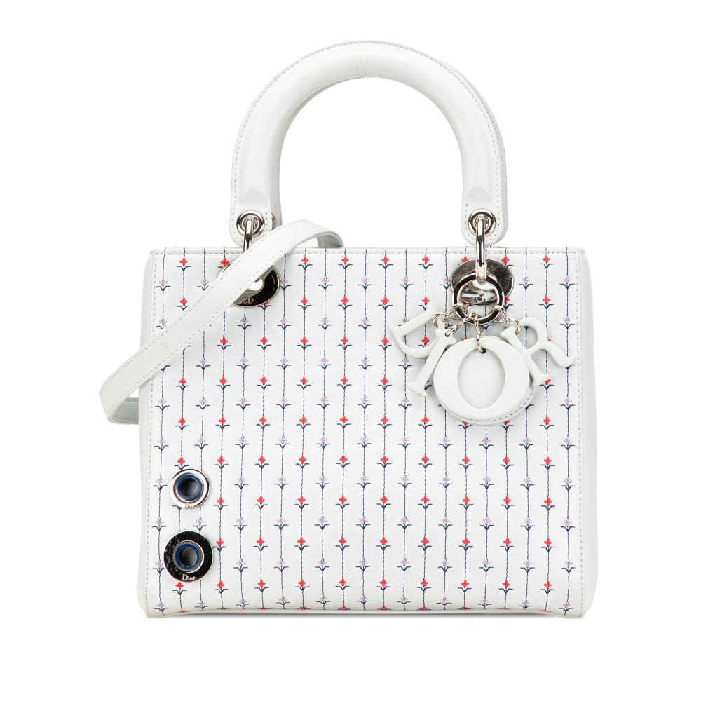 Christian Dior B Dior White Calf Leather Medium skin Embroidered Flower Lady Dior Italy