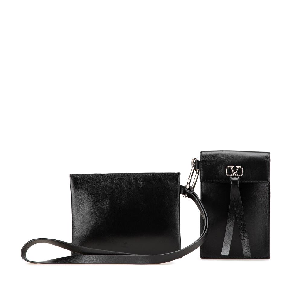 Valentino B Valentino Black Calf Leather VRing Neck Pouch Italy