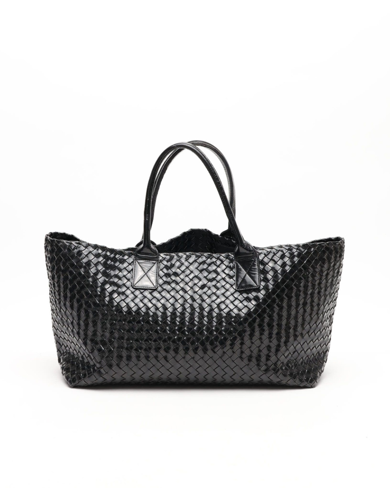 Bottega Veneta Patent Intrecciato Cabat MM Tote Bag