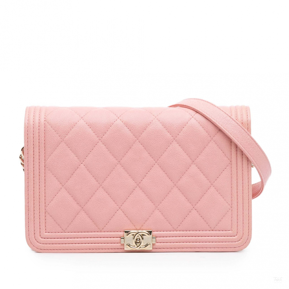 Chanel Boy Caviar Leather Quilted Wallet on Chain Crossbody Pink