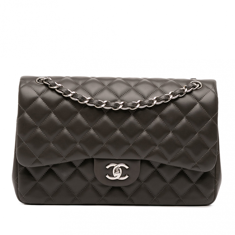 Chanel Classic Double Flap Jumbo Lambskin Leather Matelassè Handbag Grey