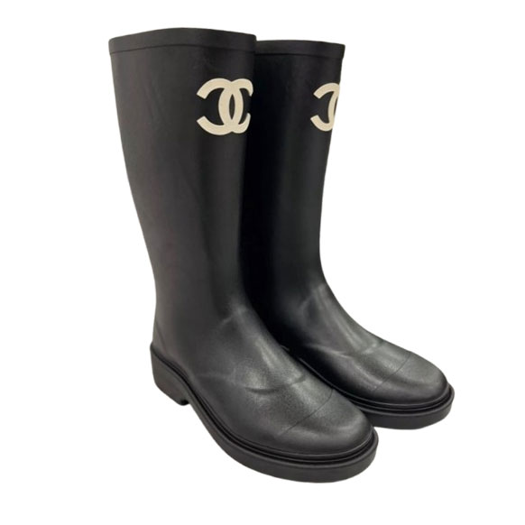 Chanel Black Caoutchouc CC Logo Rubber RainBoots 37