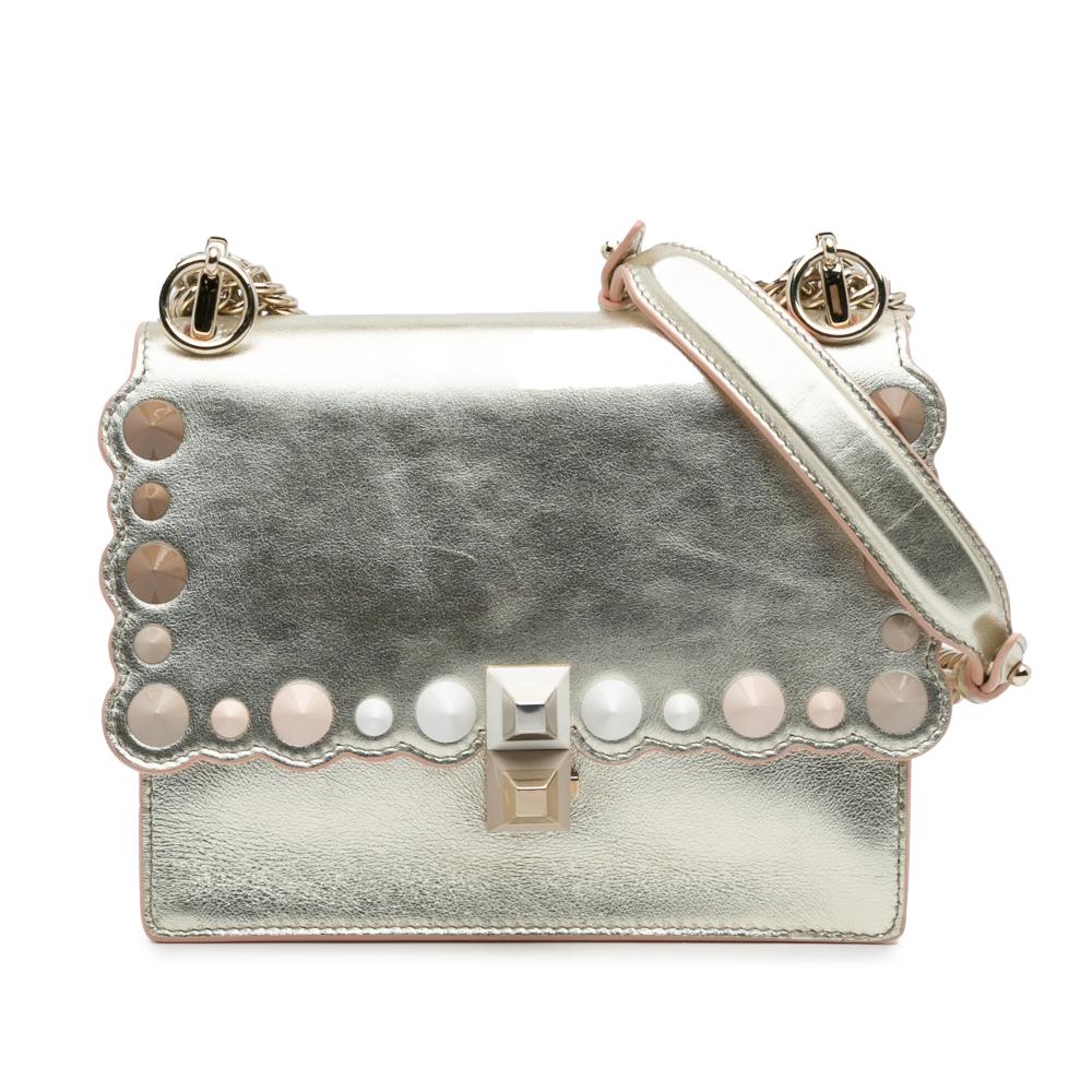 Fendi B Fendi Silver Calf Leather Small Scalloped Metallic skin Studded Pearl Kan I Crossbody Italy