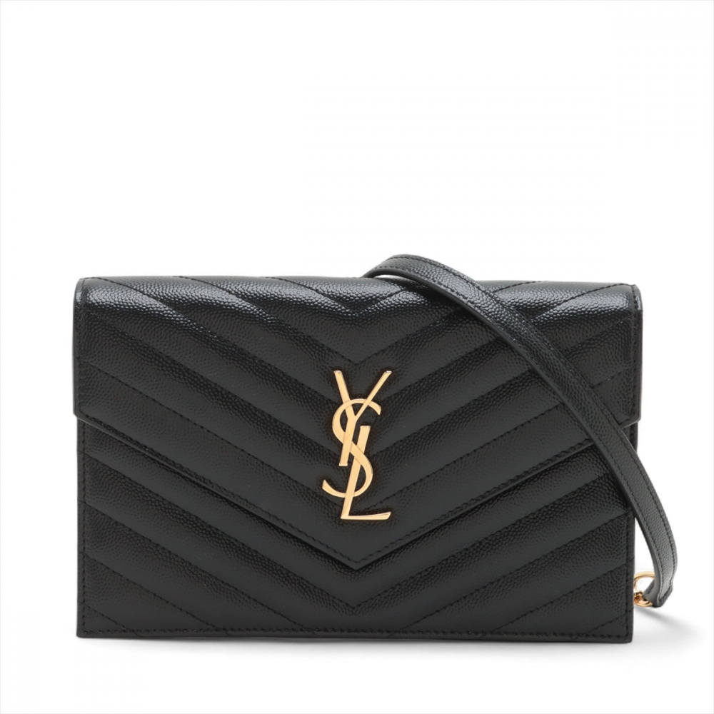 Saint Laurent Cassandre Envelope Grained Calfskin Leather Chevron Quilted Wallet on Chain Shoulder Bag Black