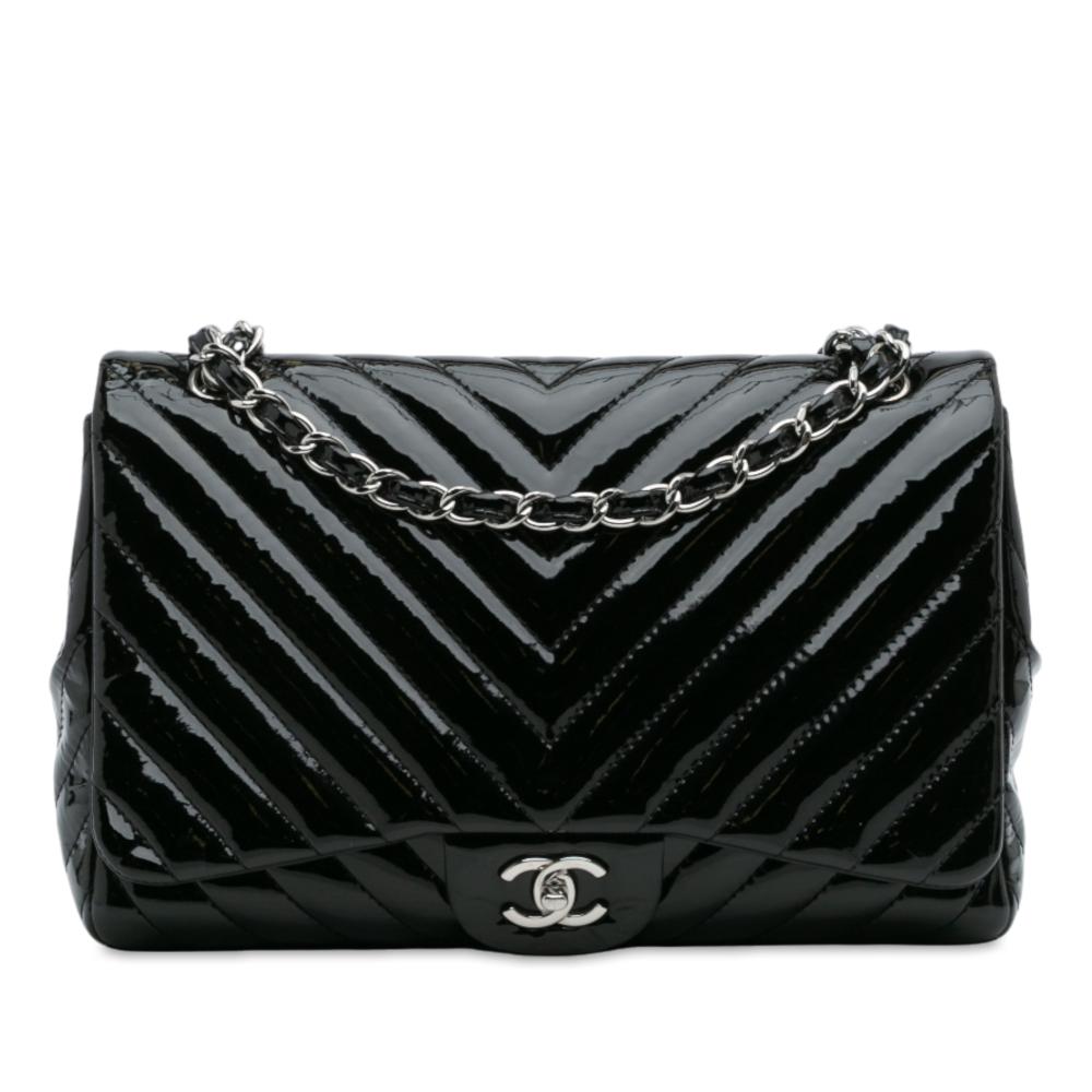 Chanel B Chanel Black Patent Leather Leather Jumbo Classic Chevron Patent Single Flap Italy