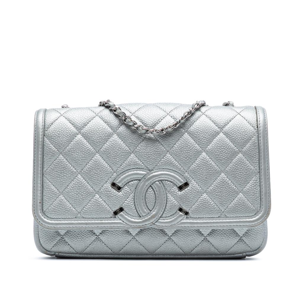 Chanel B Chanel Silver Caviar Leather Leather Small Quilted Metallic Caviar CC Filigree Flap Italy