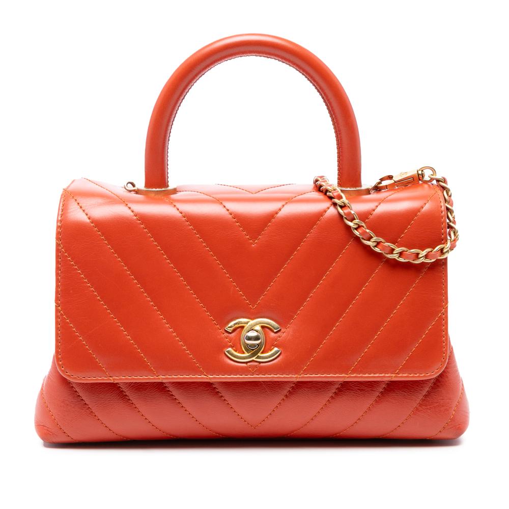 Chanel B Chanel Orange Dark Orange Lambskin Leather Leather Mini Chevron Lambskin Coco Top Handle Bag Italy