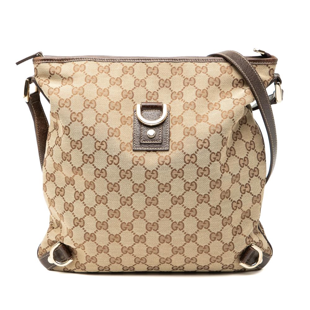 Gucci B Gucci Brown Beige Canvas Fabric GG Abbey D Ring Crossbody Italy