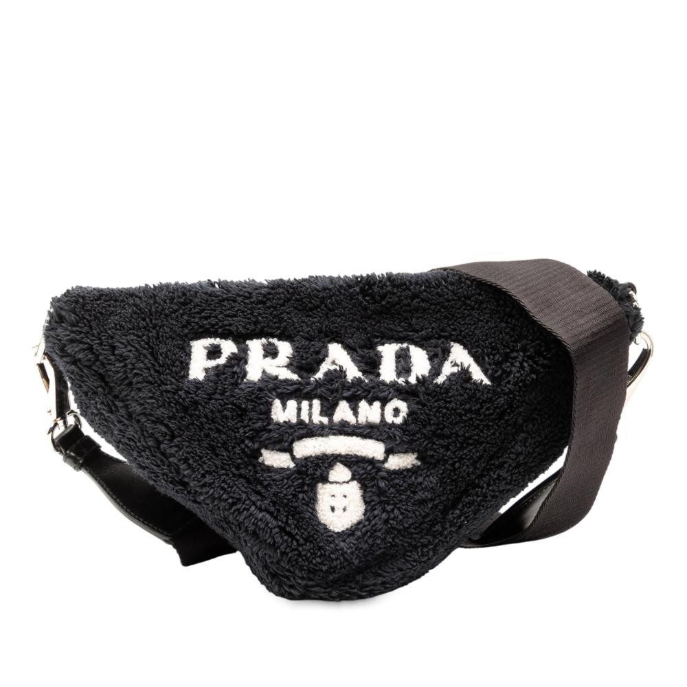 Prada B Prada Black Cotton Fabric Spugna Terry Cloth Triangle Logo Crossbody Italy