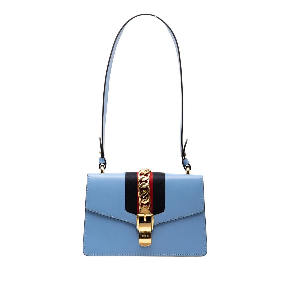 Gucci B Gucci Blue Light Blue Calf Leather Small Sylvie Web Satchel Italy