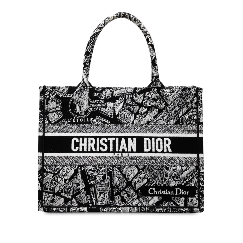Christian Dior B Dior Black Canvas Fabric Medium Embroidered Plan De Paris Book Tote Italy