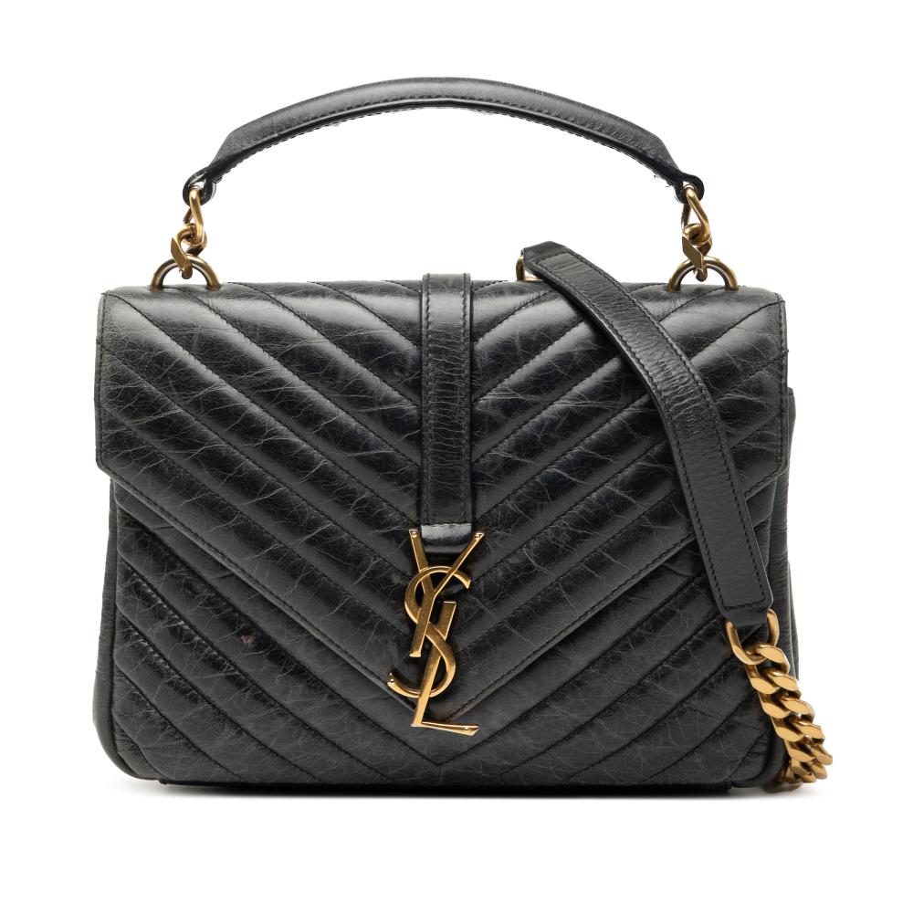 Saint Laurent Black Medium Chevron Sheepskin Monogram College Satchel Italy